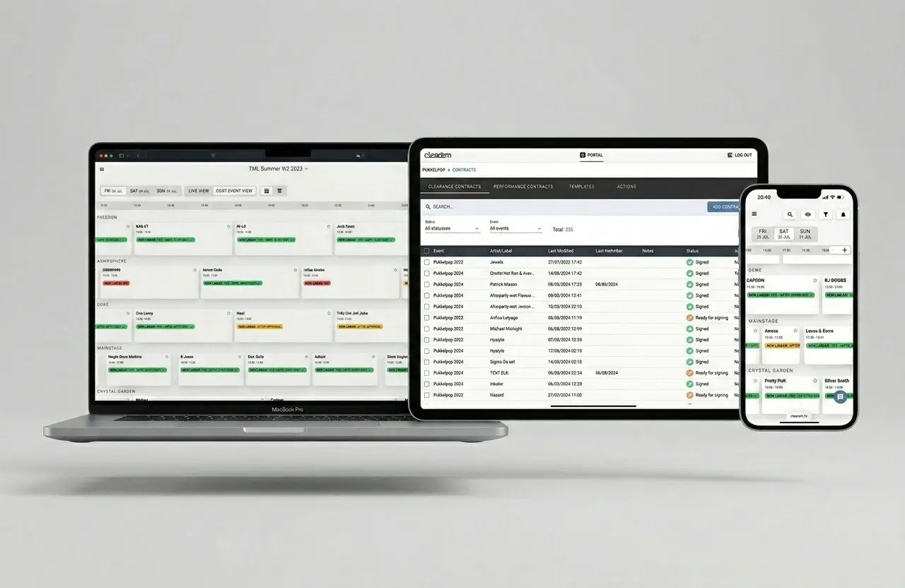 Screenshot of Clear'em contract and media clearance platform for festivals