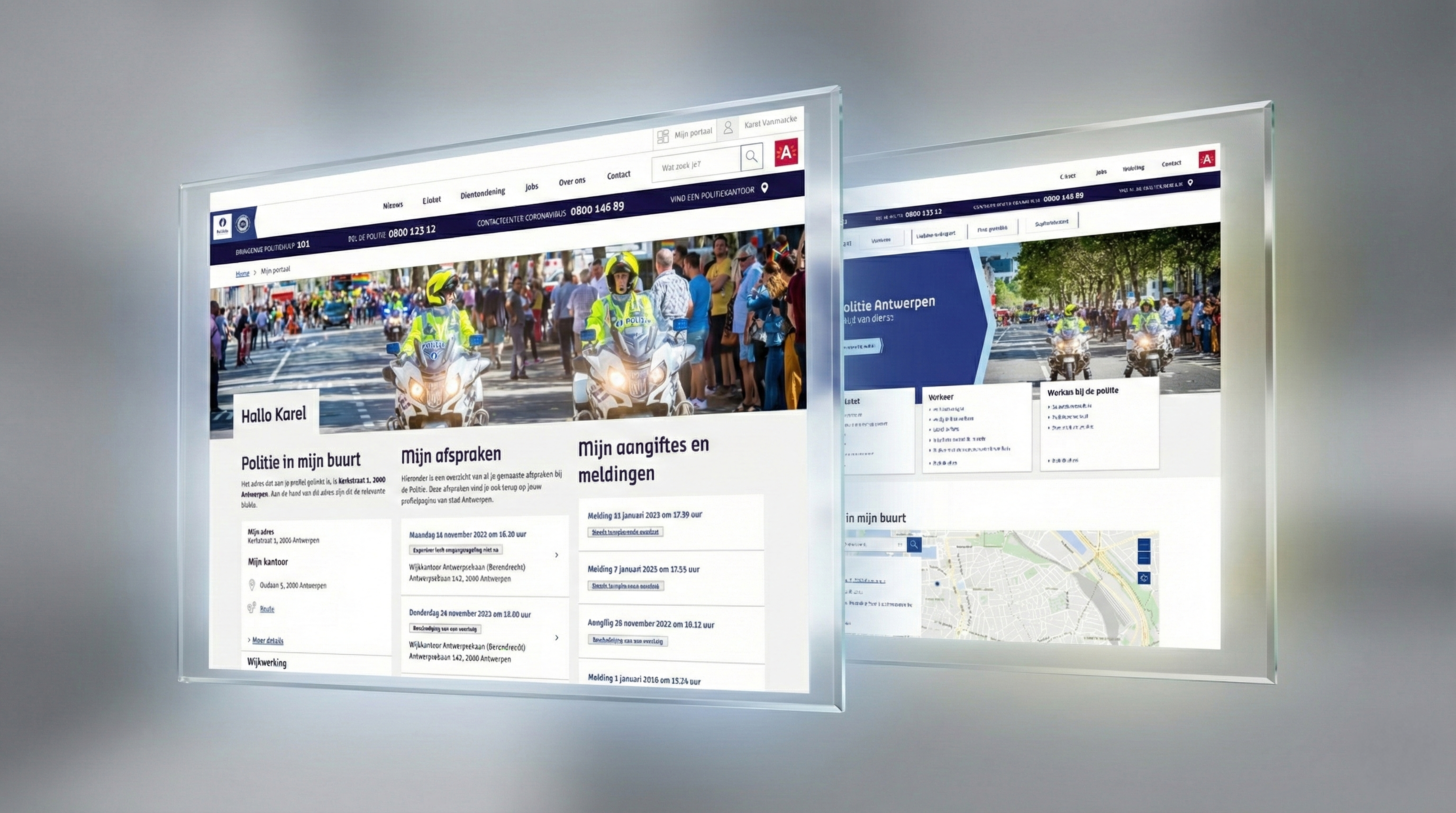 Screenshot of Politie Antwerpen citizen portal: knowledge hub and digital reporting interface